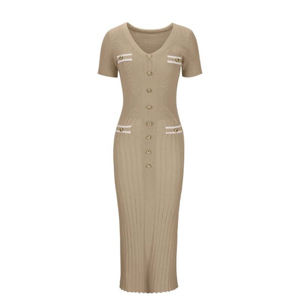 Source Unknown Dresses & Skirts - Women's Short Sleeve Deep V Neck Knitted Bodycon Button Sweater Dress - NWOT